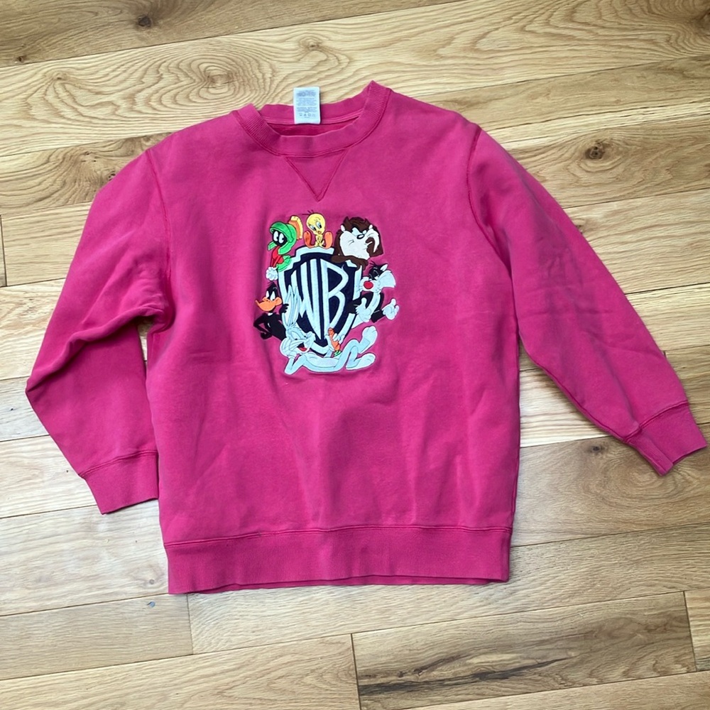 Vintage retro Warner Bros embroidered looney tunes  Pink Crewneck sz Small